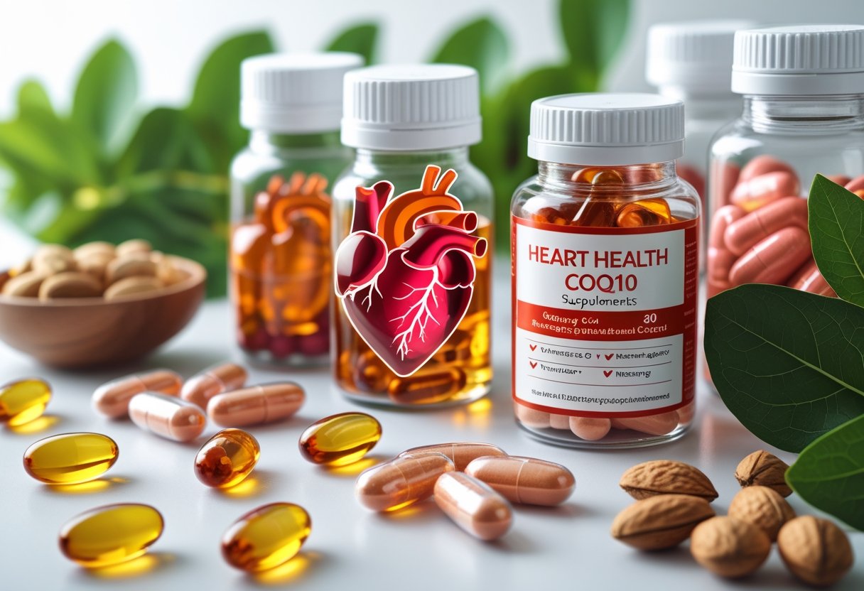 Close-up of various heart health supplements including capsules and soft gels arranged on a white surface with green leaves and nuts nearby.