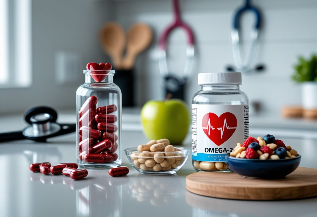 A kitchen countertop displaying heart health supplements including red capsules, fish oil pills, and a bowl of nuts and berries, with a stethoscope and green apple in the background.