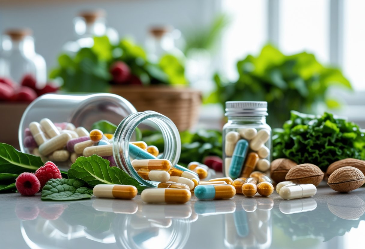 A kitchen countertop with heart health supplements, colorful capsules, and fresh ingredients like berries and leafy greens arranged together.