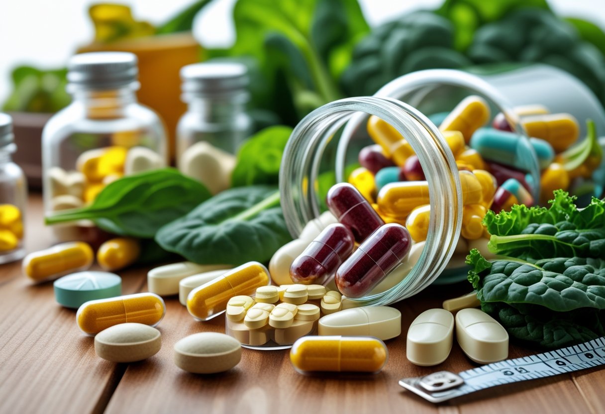 Close-up of various vitamins and supplements on a wooden table with fresh green leafy vegetables nearby.