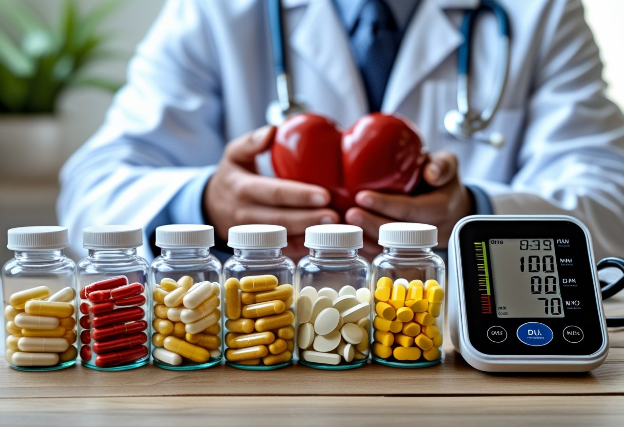A close-up of bottles with colorful vitamins and a blood pressure monitor on a wooden table, with a person holding a heart model in the background.