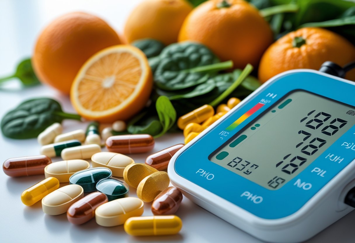 Close-up of vitamin capsules and fresh fruits next to a digital blood pressure monitor on a white surface.