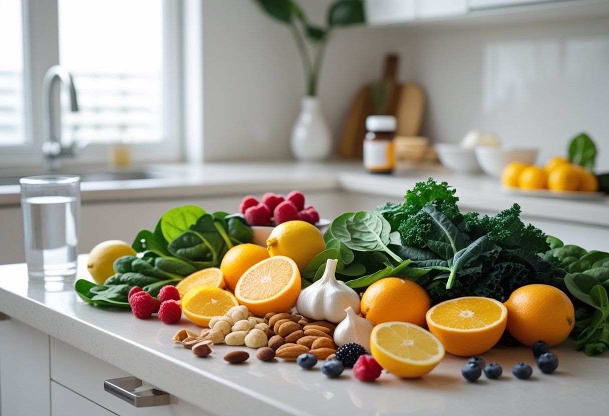 A kitchen countertop with fresh fruits, vegetables, nuts, and vitamin supplements arranged to represent key vitamins for managing high blood pressure.