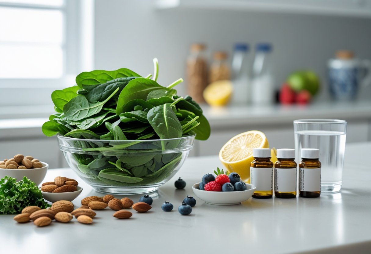 A kitchen countertop displaying fresh leafy greens, nuts, berries, a glass of water with lemon, and bottles of vitamins and supplements.
