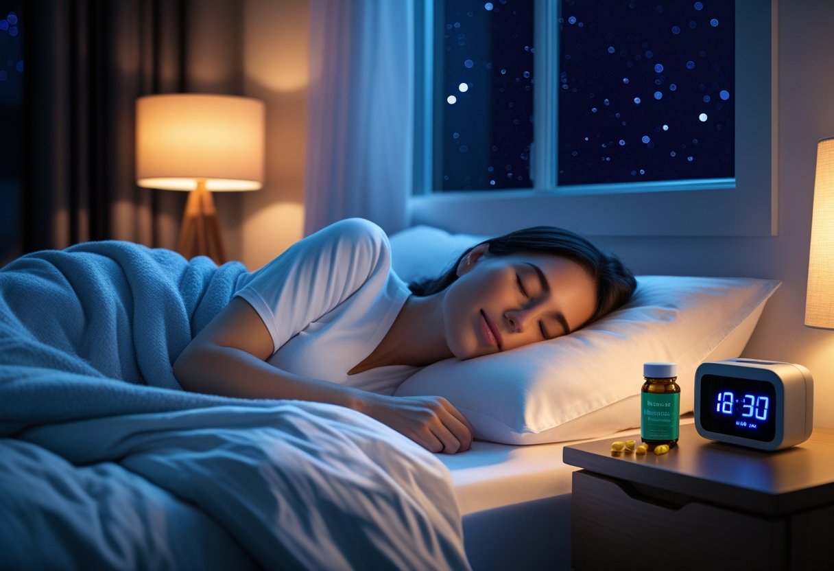 A woman sleeping peacefully in a dimly lit bedroom with a bottle of melatonin capsules on the bedside table.