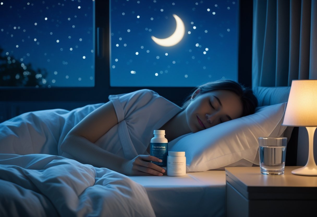 A person sleeping peacefully in bed at night with a bottle of melatonin supplements and a glass of water on the bedside table under a starry night sky.