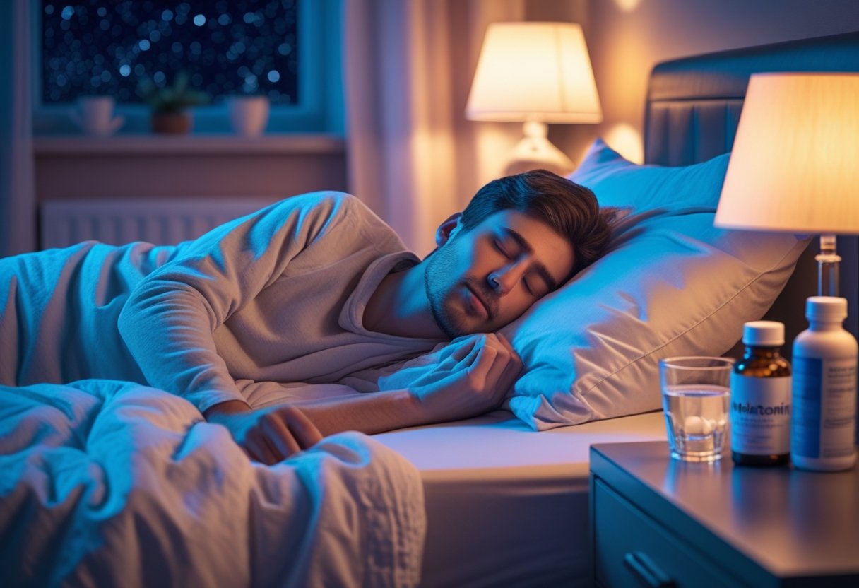 A person sleeping peacefully in a cozy bedroom at night with a bottle of melatonin supplements on the bedside table.