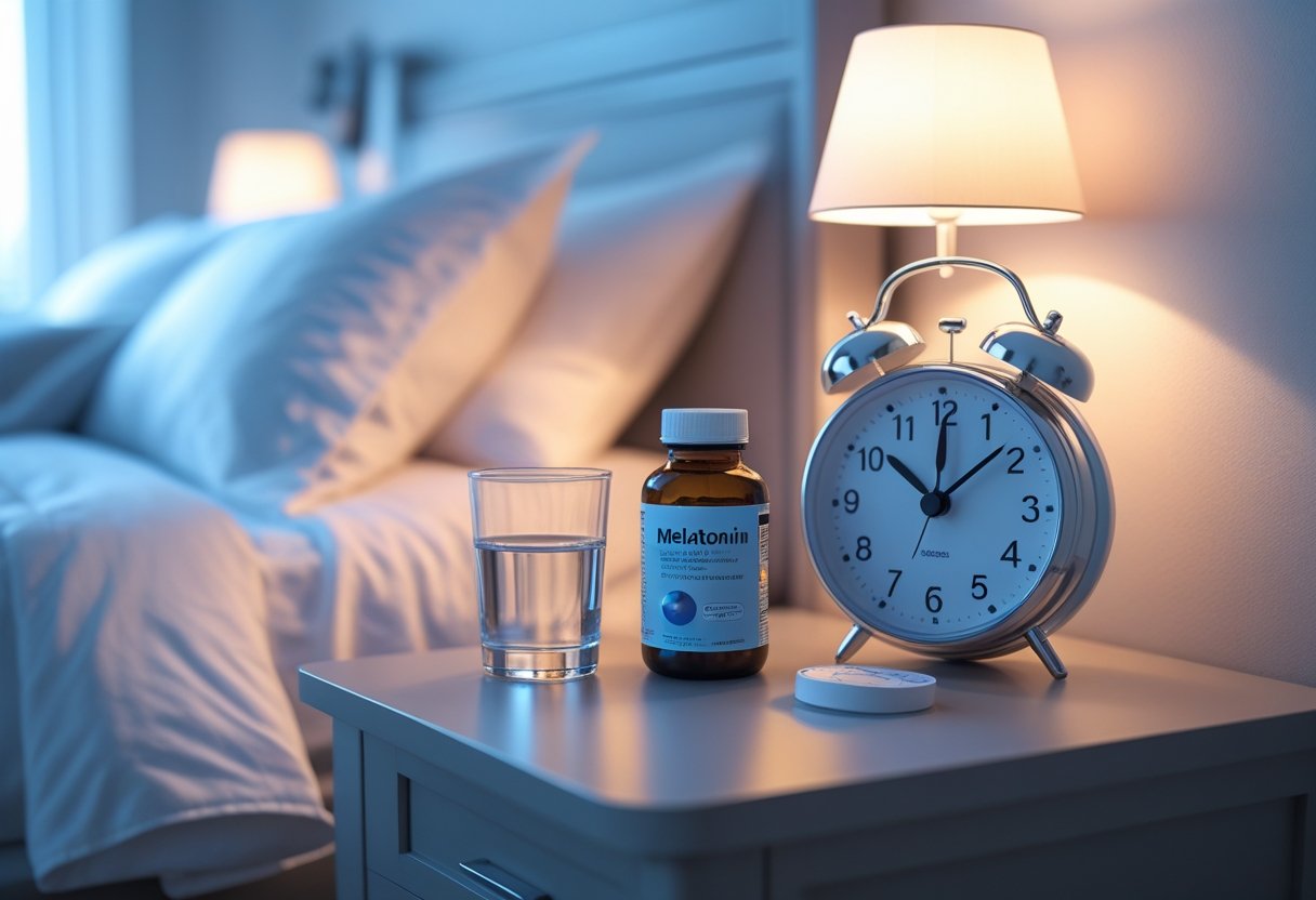 A bedside table with a glass of water, an open bottle of melatonin supplements, and an alarm clock showing early evening next to a neatly made bed.