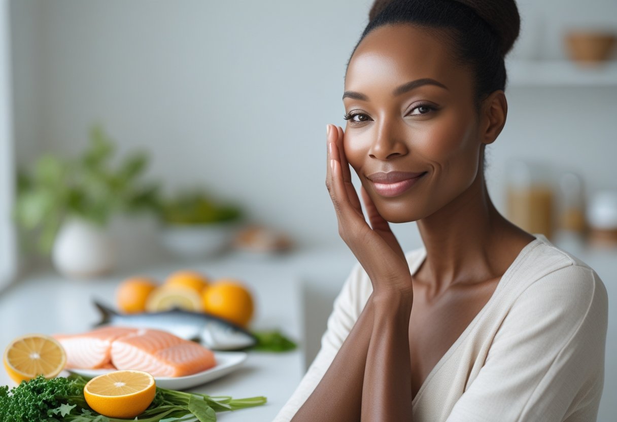 A woman with glowing skin gently touching her face with fresh collagen-rich foods on a table nearby.