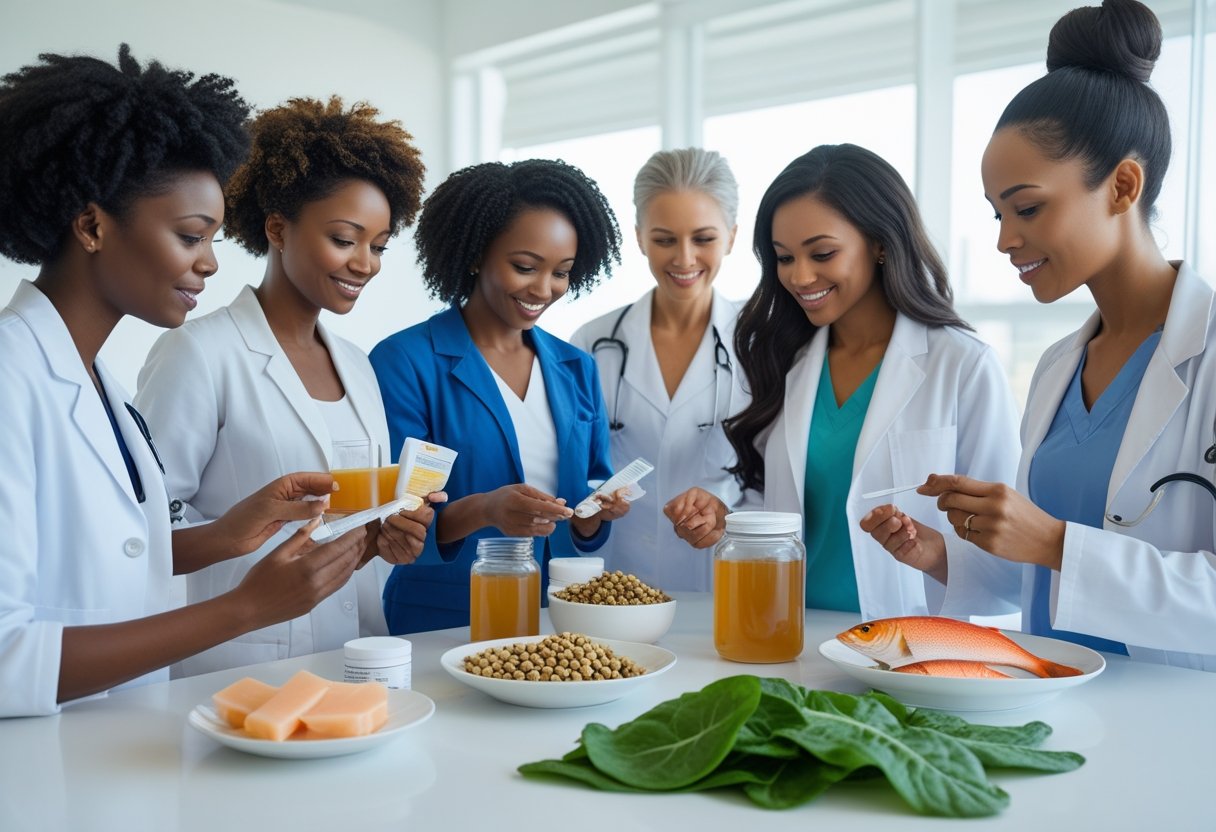 A group of diverse women in a bright wellness setting discussing skincare and collagen-related health with natural supplements and healthy foods on a table.