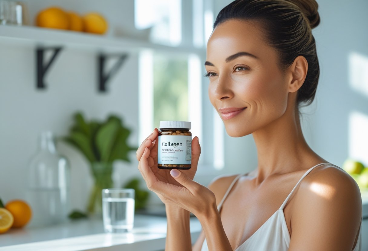 A woman holding a container of collagen supplements in a bright kitchen with fresh fruits and plants nearby.