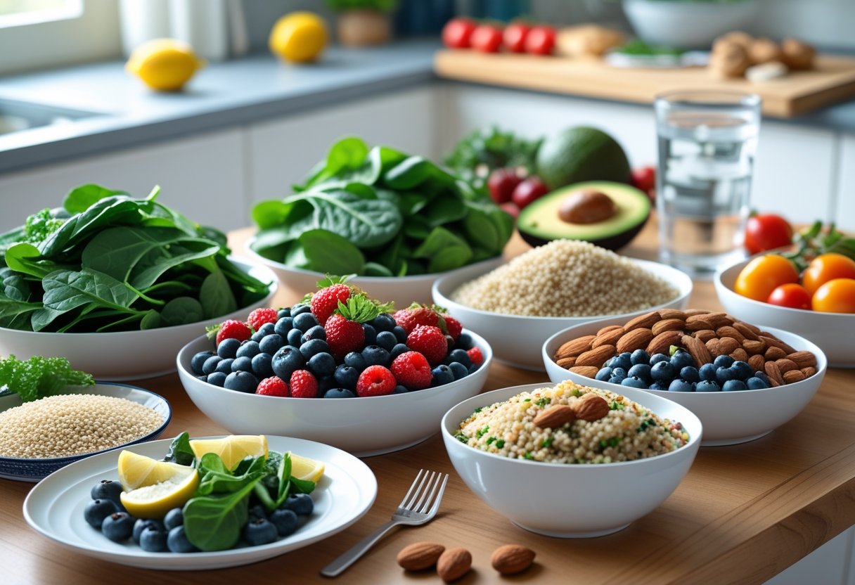 A kitchen table displaying a variety of fresh foods including leafy greens, berries, whole grains, nuts, avocado, and a glass of water with lemon.