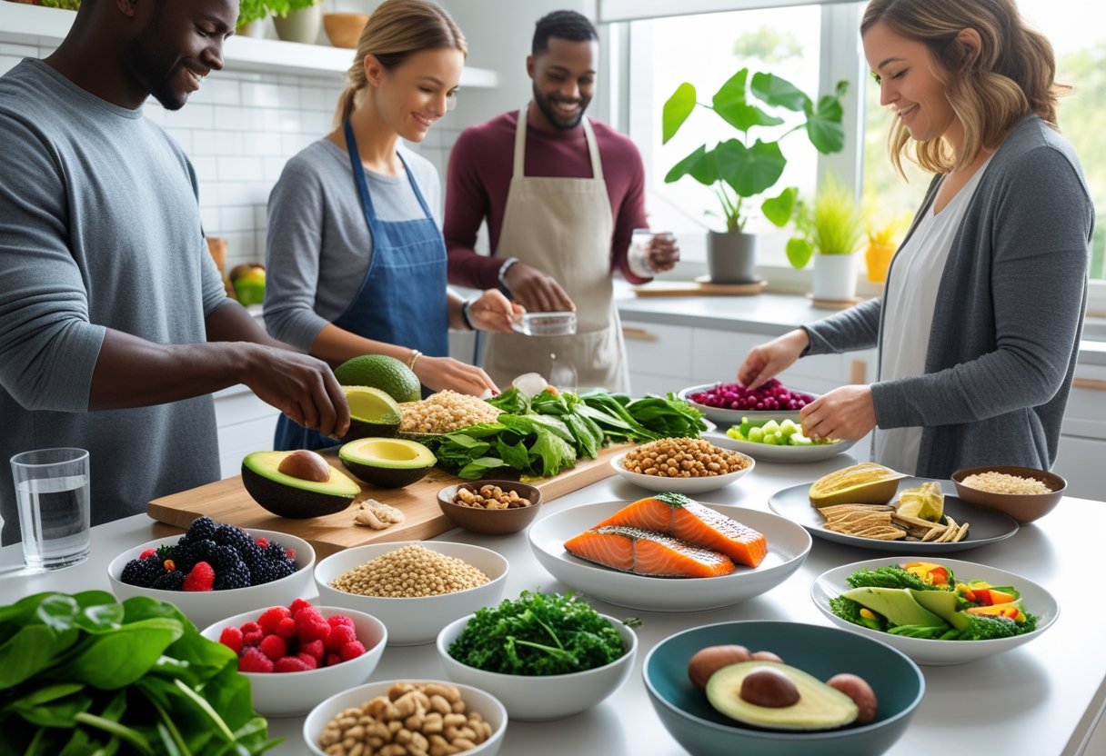 People preparing healthy meals with fresh fruits, vegetables, nuts, and fish in a bright kitchen to promote blood sugar control.