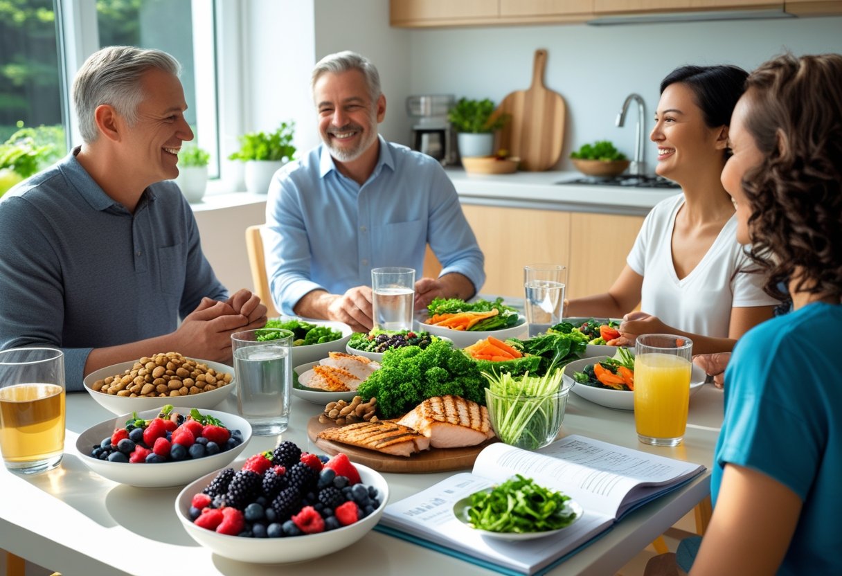 People sitting at a kitchen table enjoying a variety of fresh, healthy foods including vegetables, fruits, nuts, and lean proteins.