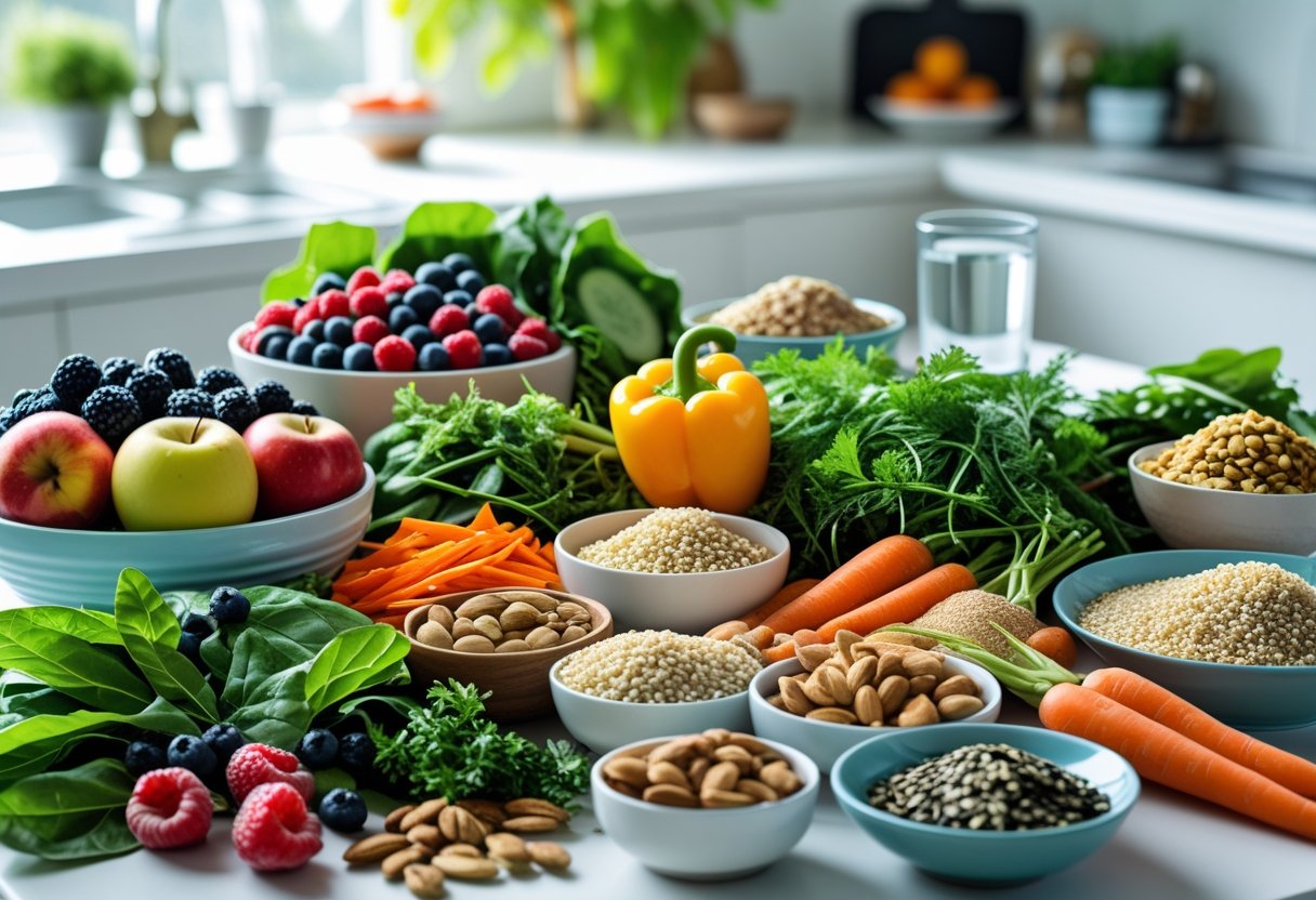 A table with a variety of fresh fruits, vegetables, whole grains, nuts, and a glass of water arranged to represent healthy foods for blood sugar control.