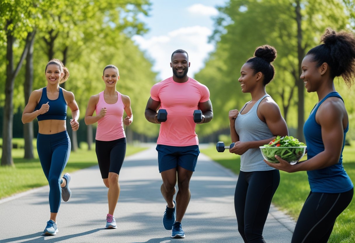 People exercising and consulting about healthy weight loss outdoors on a sunny day.