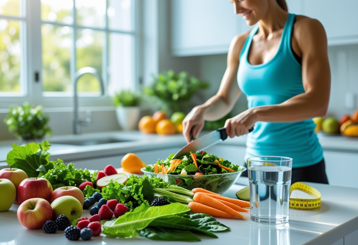 A person preparing a healthy salad with fresh fruits and vegetables on a kitchen countertop.