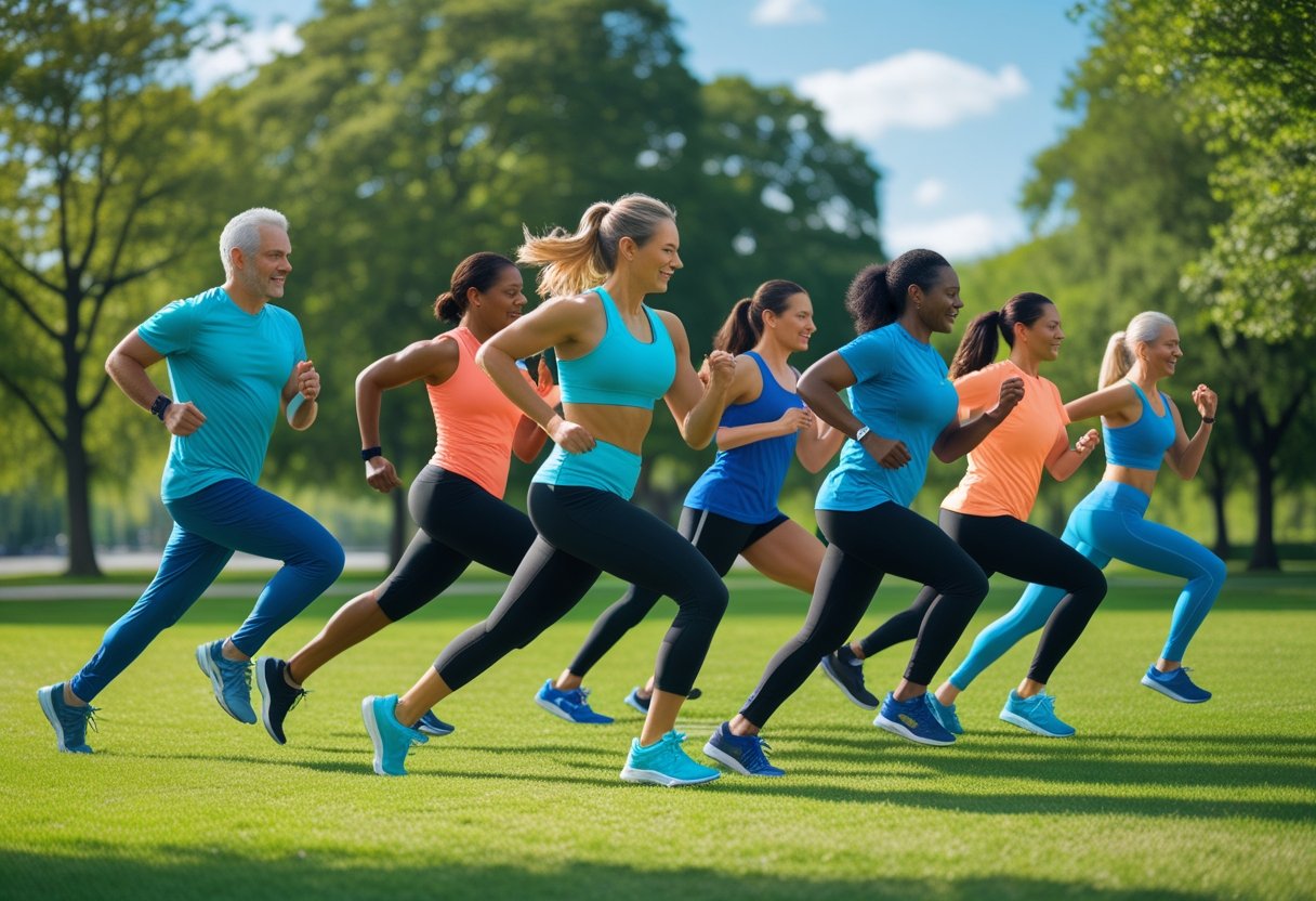 A group of adults jogging and stretching outdoors in a green park on a sunny day.