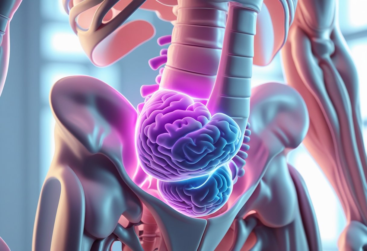 An anatomical illustration showing the male pelvic region with the prostate gland highlighted.