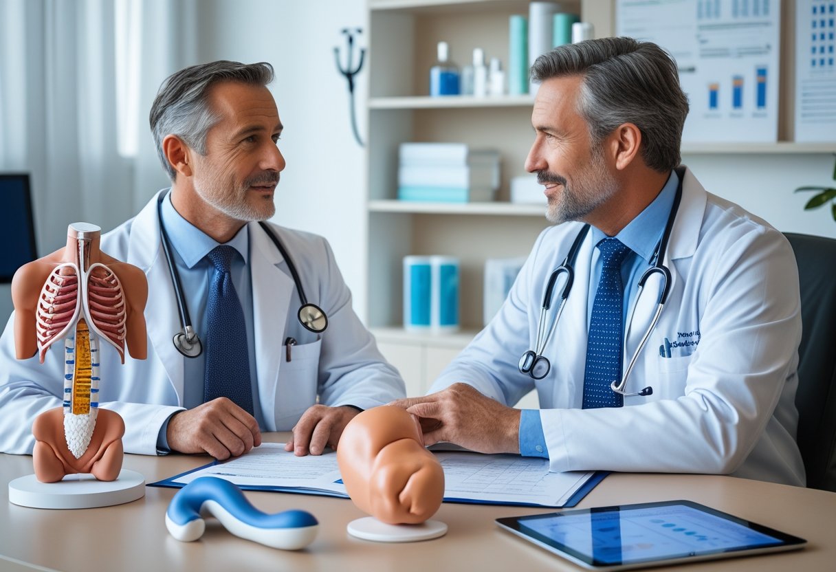 A middle-aged man consulting with a doctor about prostate health in a medical office with anatomical models on the desk.