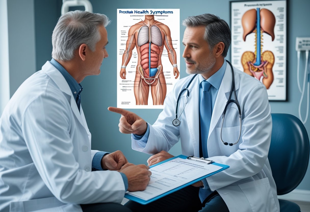 A middle-aged man talking with a doctor in a medical office, looking at an anatomical chart of the prostate gland.