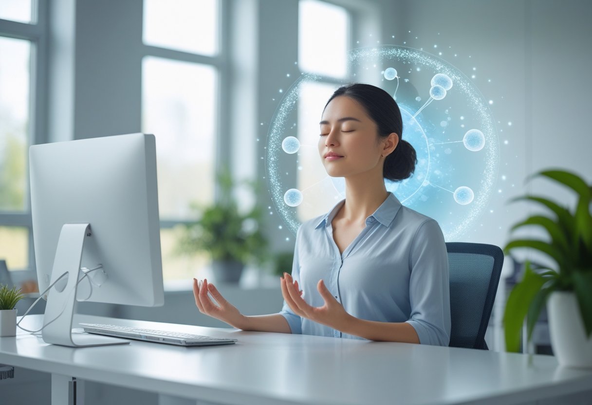 A young woman meditating calmly at a desk in a bright office with natural light and plants around her.