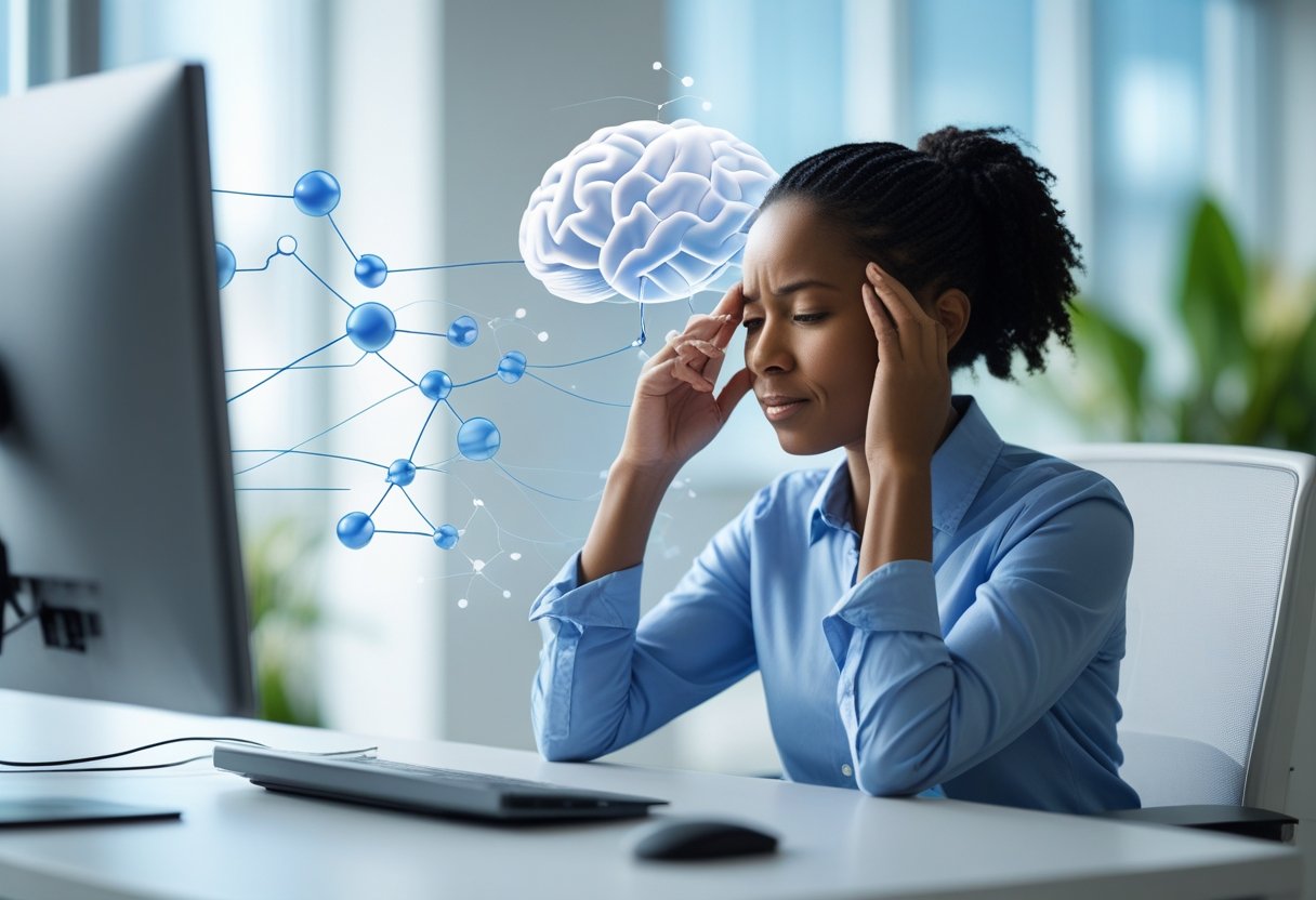 A person sitting at a desk with a focused expression, surrounded by subtle graphics representing hormones and brain activity.