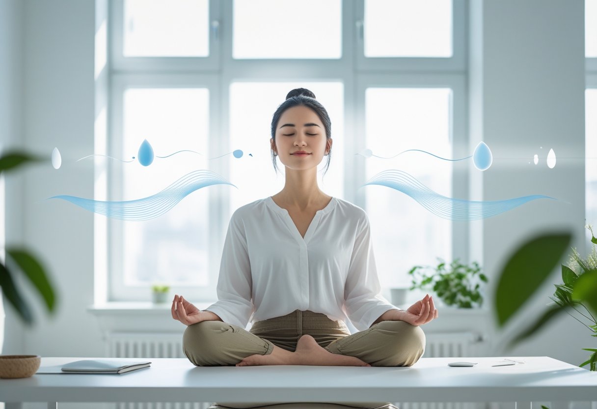 A young woman meditating peacefully at a desk in a bright room, symbolizing focus and mental clarity.